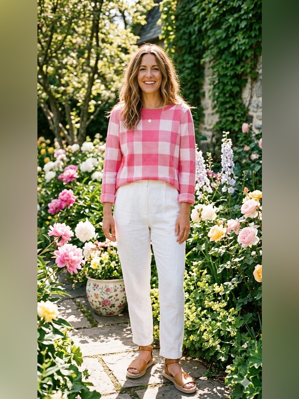 SIZE LARGE Belle® by Kim Gravel Pink and White Gingham Buffalo Plaid Sweater